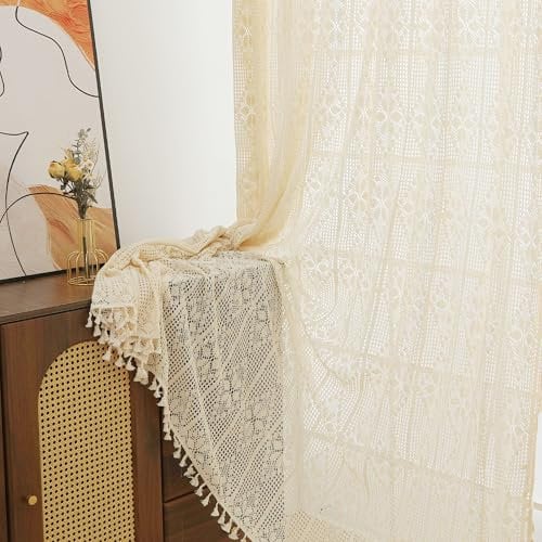 RUIXUAN Gardinen Vorhänge mit Kräuselband beige Gardine mit Quaste Boho Vorhang Häkeln Stricken kräuselband Wohnzimmer Modern Voile Schienensystem Schlafzimmer Curtains 2er Set 150 * 230cm