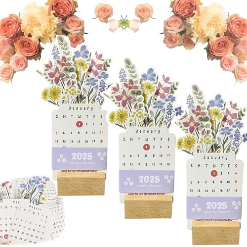 Blumenkalender 2025, Lanenow-Kalender, Blumen-Tischkalender 2025, Blumen-Tischkalender 2025 mit Holzsockel (3pcs)