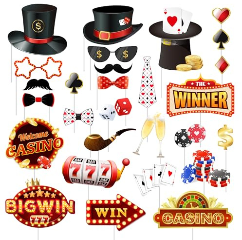 Casino Photo Booth Props, 28 Pcs Las Vegas Fotoautomaten Requisiten Casino Fotoautomaten Requisiten für Las Vegas Dekoration Party Casino Poker Party Dekoratoin