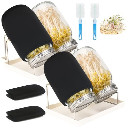 Lulonpon Sprossen-Set, 4 Sprossenglas-Kits, breite Öffnung, Quart-Einmachgläser mit Edelstahl-Sieb, Sprossendeckel, 1000 ml, Sprossen-Anzuchtset, Samen-Keim-Set für Brokkoli, Bohnen, Alfalfa