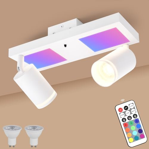 YindaLux Deckenstrahler LED Dimmbar mit Fernbedienung, RGB Farbwechsel 17W 2300LM Deckenlampe Strahler Schwenkbar, Weiß Deckenleuchte 2 Flammig mit Unteres Glühen 7W+2x5W GU10 Spot für Wohnzimmer