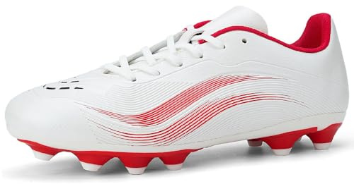 GOGOUP Fußballschuhe Herren Spike Microfaser Cleats Kunstrasen Jungen Fussballschuhe Athletics Trainingsschuh Professionelle Football Shoes Outdoor Sportschuhe Weiß Rot EU42