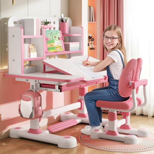 UDIYO Schreibtisch für Kinder, Rosa Kinderschreibtisch und Stuhl-Set, höhenverstellbarer Kinderschreibtisch mit Schubladen und Stauraum, Cartoon-Muster Schulschreibtisch für Jungen und Mädchen (Rosa 7