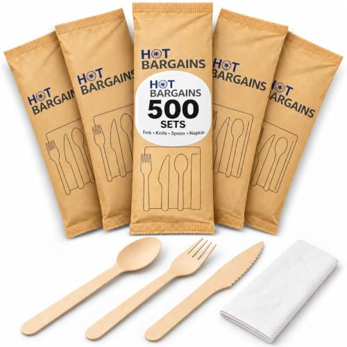 HOT BARGAINS 500 X Wooden Cutlery Sets Mixed Individually Wrapped Each Set Contains 4pcs Wooden Fork, Spoon, Knife and 2-Ply Napkin (500)