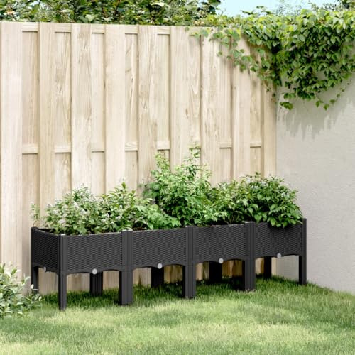 ACAGALA Hochbeet Kunststoff 160x40x42 cm, Pflanzkasten mit Beinen & Boden in Rattan-Optik, Blumenbeet Frühbeet Gartenbeet Blumenkübel für Gemüse Obst Kräuter & Blumen, Schwarz