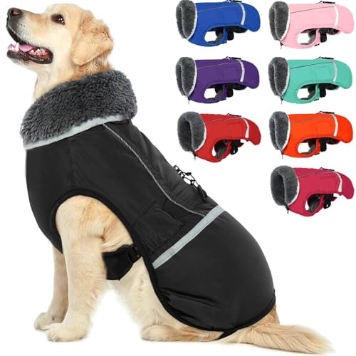 Warmer Hundemantel, reflektierend, wasserdicht, Winddicht, Hundejacke mit Rollkragen für kaltes Wetter, Dickes Fleecefutter, Haustier-Outfit, verstellbare Haustierweste für alle Hundegrößen, Schwarz