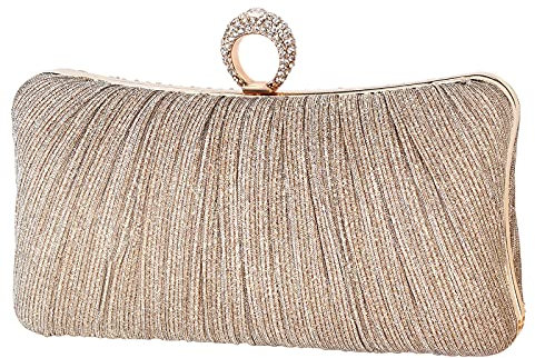 AMOUR DE LOTUS Womens Golden Glitter Clutch Purse Pleated Evening Bag for Bridal Wedding Party with Rhinestone Ring