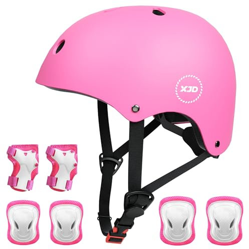 XJD Casco de Ciclismo para Niños y Protecciónes Infantiles Incluye Rodilleras Coderas y Muñequeras Adjustables 7 Piezas para Patínes Patinete Ciclismo Niños de 3 a 13 Años(Rosa M)