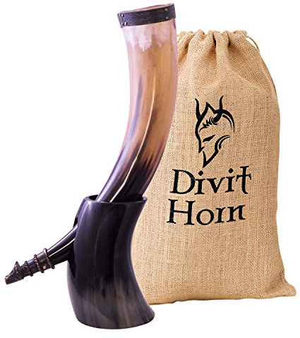 Corne à boire Viking avec support en fer véritable Divit | Ornements en laiton et sac-cadeau en toile de jute inclus | Corne de 13 ’’ et capacité de 16 oz (400 ml) | L'original. (Wolf, Polished)
