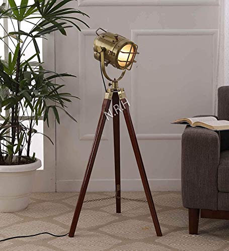 Handmade Antique Brass Floor lamp with Wooden Tripod Nautical Modern searchlight Home & Office Decorative lamp Light Gift