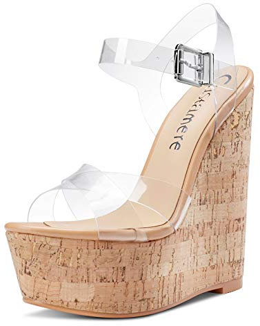 Castamere Damen High Heels Plattform Wedge Keilsandale Mode Peep-Toes Ankle Strap Keilabsatz Shoes Transparent Schuhe EU 38