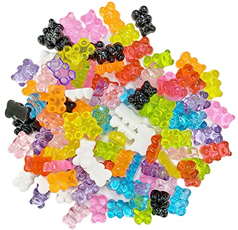 Aabellay 100 Stück Kunstharz Bären Süßigkeiten Harz Gummi Bärchen Bunt Cartoon Bär für Schmuck Herstellung Schlüsselanhänger Halskette Armband Ohrringe DIY Brosche Handyhülle - Zufällige Farbe