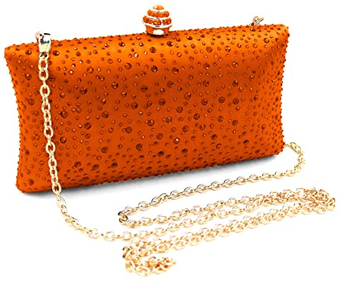 Damen Handtaschen Strass Abendtaschen Party Geldbörse Abschlussball Hochzeit Braut Kristall Party Clutches Tasche mit Kette, Orange, Einheitsgröße
