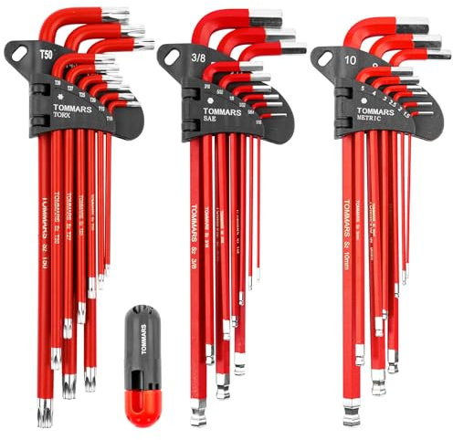 TOMMARS Juego de llaves hexagonales con extremo magnético de bola S2 de acero grande con mango en T Llave hexagonal Allen Juego SAE (1/16-3/8) métrica (1.5mm-10mm) TORX (T10-T50)