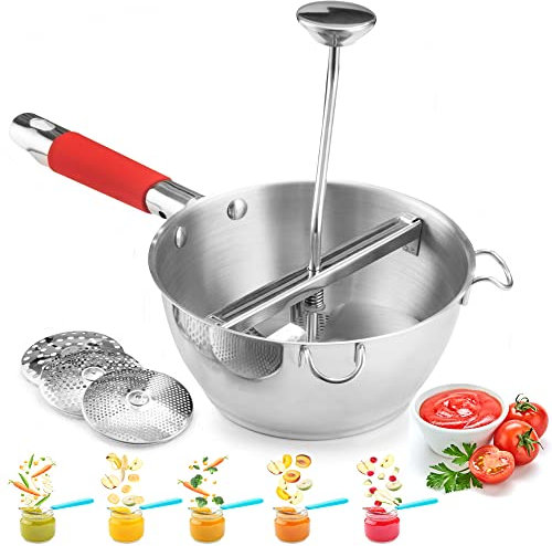 Food Mill Stainless Steel - 3 food grinder Discs - Potato ricer for mashed potatoes - Grain mill hand crank for Mashing, Straining & Grating Fruits & Vegetables - Baby food mill - Bezrat (Red)