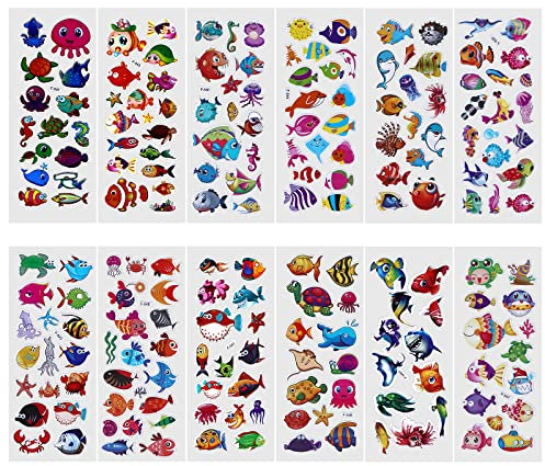 Cobee 3D Meerestiere Aufkleber für Kinder, 12 Bögen Puffy Sticker Sea Ocean Life Foam Sticker Sea Window Gel Clings Decals für Jungen und Mädchen
