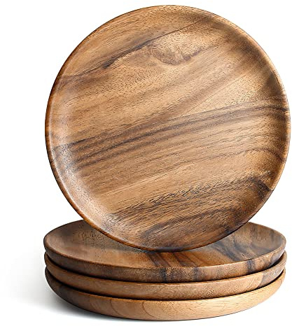 4 Pcs Wooden Dinner Plates, IQCWOOD 8 Inch Acacia Wood Dinner Plates for Eating Wooden Serving Platter for Food Sandwich Dessert Salad Plate Fruit Platters Round Tray Wood Charger Plate