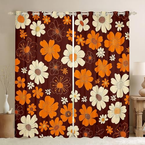 Castle Fairy 70er Jahre Groovy Blumen Vorhang Home Decor Hippie Retro Bauernhaus Pflanze Fenstervorhänge für Schlafzimmer Dekor, Braun Weiß Gelb Floral Fensterbehandlungsvorhänge für Kinder, 132 x 244