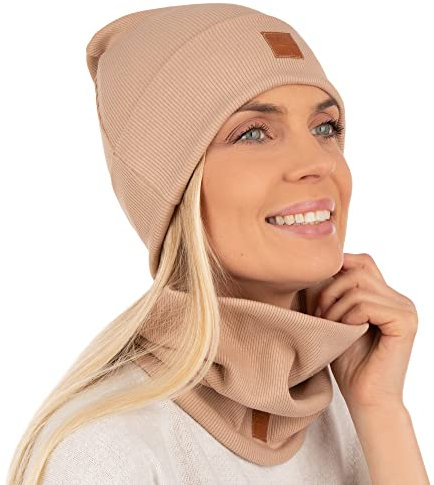 Mikos* Damen Set Mütze & Loop Baumwolle Long Beanie Hut mit Schal-Loop Herbst Winter Tolles Warm, Stretchy Elastischer, Wintermütze Junge-n Mädchen Streetwear 703 (Camel)