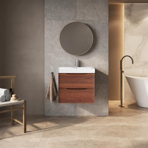 Go Bathrooms Eaton Redwood 600mm Wall Hung Vanity Unit Inc Resin Basin Sink Oak Effect Vanity Unit Under Sink Bathroom Cabinet Storage Vanity Sink