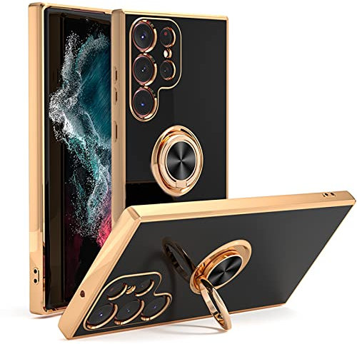 YIRSUR Case Compatible with Samsung Galaxy S23 Ultra, with Ring Holder Plating Rose Gold Edge 360° Kickstand Cover Slim Soft Flexible TPU Protective Phone Case for Samsung Galaxy S23 Ultra-Black