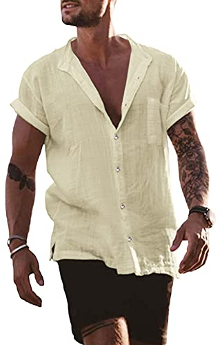 YAOBAOLE Freizeit Leinen Hemd Herren Kurzarm Business Hemd Herren Fit Anzug, Business, Freizeit, Hochzeit,Strand Beige 3XL