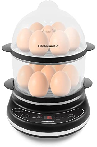 Elite Gourmet EGC314CB Digital Easy Egg Cooker Food Steamer, Poacher, Omelet, Soft, Medium, Hard-Boiled Egg with 6 Programmed Preset Functions, 2-Tiers, Measuring Cup, 14 egg capacity, Black