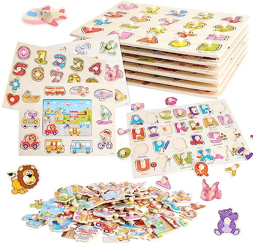Montessori Educational Learning Peg Puzzles for Toddlers Jisa Puzzle with Numbers, Letters, Animals and Fruits (Wood)