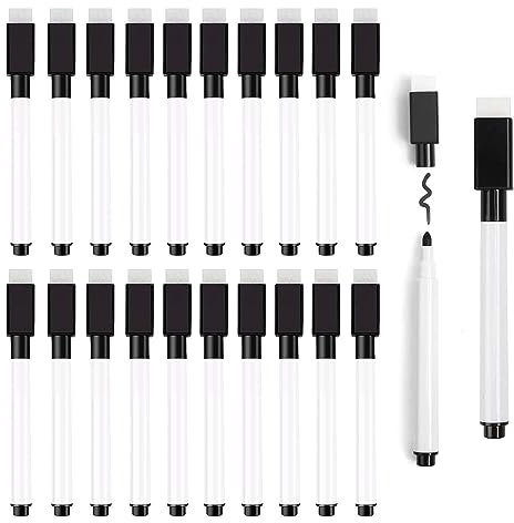 JETOP Whiteboard Pens with Eraser - 20PCS Magnetic, Fine Tip, Dry Wipe Pens for Whiteboard - Black, Kids - 11.3 x 1 cm