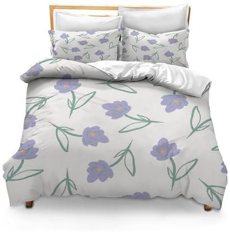 Horienteeon Artsy Bettwäsche-Set, violettes Blumenmuster, bedruckt auf weiß, weiche Mikrofaser, 3-teilig (King-Size)