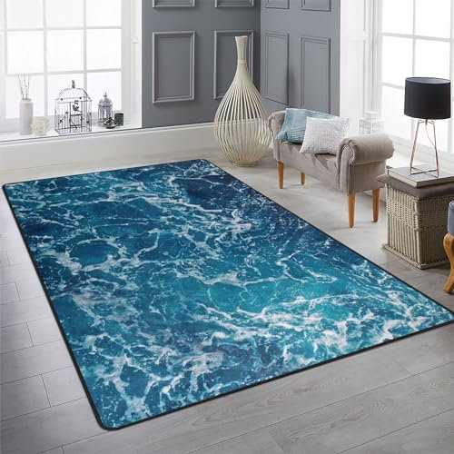 9CH Tappeto con oceano e spiaggia, 1,5 x 1,8 m, onde del mare blu, in poliestere, antiscivolo, per soggiorno, sala da pranzo, dormitorio, camera da letto, decorazione per la casa