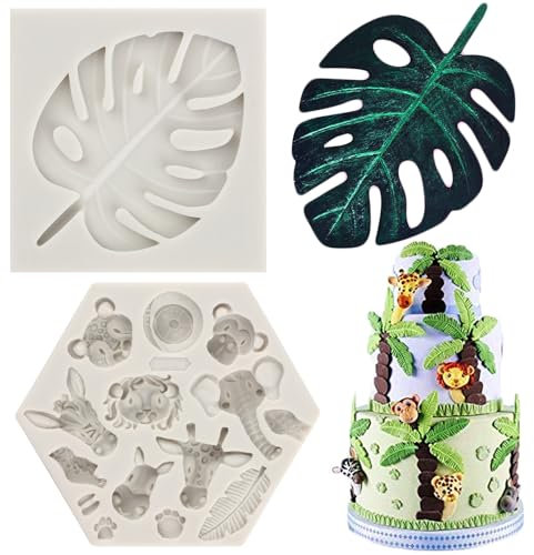 MYPRACS Jungle Safari Animal Gâteau Moule Feuille Tropicale Fondant Silicone Moule Feuilles De Palmier Moules Pour Thème Tropical Décoration De Gâteaux Argile Polymère Bonbons Gomme Pâte Lot De 2