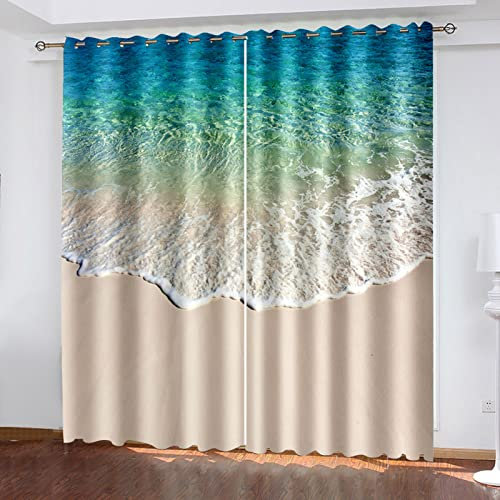 COOBAA 3D Strandwellen Druck Muster Ösenvorhang, Gardinen Wohnzimmer Modern Hoch 260X280Cm Thermo Vorhänge Gegen Hitze, Raumteiler Vorhang Für Flur Rauschminderung Dekorativ