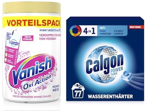 Calgon 4 in 1 Power Tabs - Wasserenthärter gegen Kalkablagerungen - 77 Tabs & Vanish Oxi Action Powerweiss Pulver – 1,65 kg – Fleckenentferner und Wäsche-Booster Pulver ohne Chlor – Für weiße Wäsche…