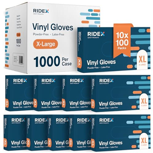 RIDEX Disposable Gloves, Latex-free Transparent Vinyl Gloves [1000 Counts] Thick Powder-free Multifunctional Gloves, Dispenser Box Gloves 100 Pack - Size X-Large Glove