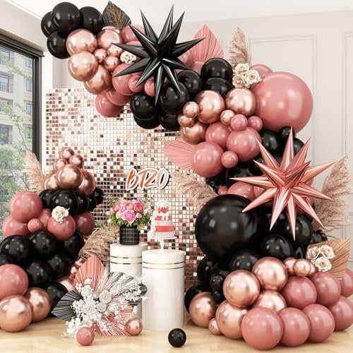Dusty Pink & Black Balloon Arch - Metallic Rose Gold & Retro Pink Balloons for Birthday, Wedding & Bachelorette Parties