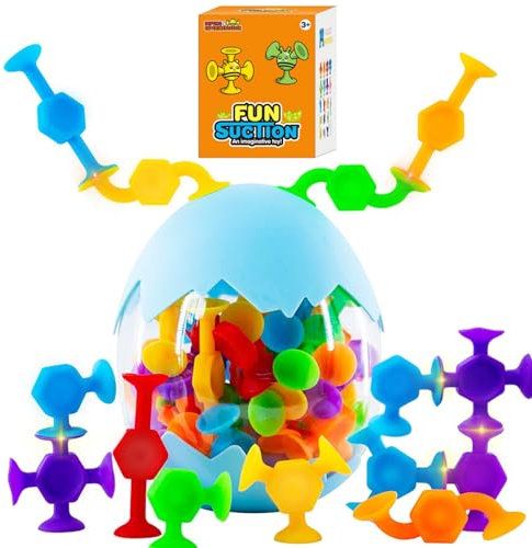 LURNODY 48 Pièces Ventouse Jouet Enfant avec Forte Aspiration, Jouet A Ventouse Silicone pour Enfants avec Rangement Coquille D'oeuf, Jouets Ventouse Jouets de Bain Sensoriels pour Les Tout-Petits