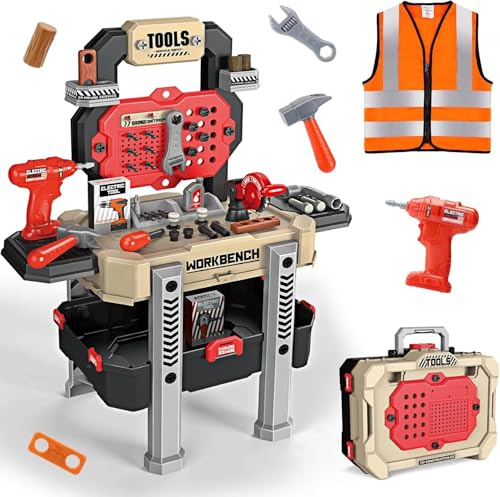 Jovow Werkbank für Kinder, 79-teiliges, Verwandelbare Simulationswerkzeugset mit elektrischer Bohrmaschine und Arbeitskleidung, Kinder Rollenspiel Lernspiel Geschenk für Junge ab 3 4 5 6 7 8 Jahren