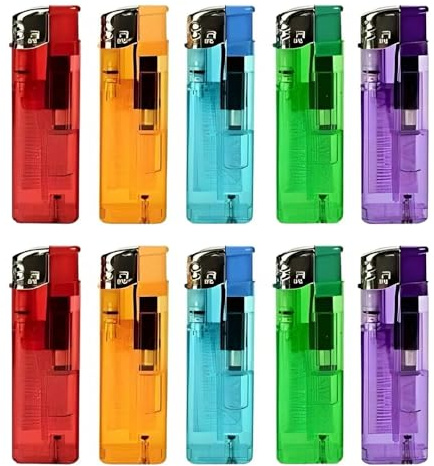ASPIRE UK 10 Multicolour Electronic Lighter - Refillable & Child Safe with Adjustable Flame, Transparent Design, Long-lasting Performance, Ideal for BBQ, Camping, Kitchen Use