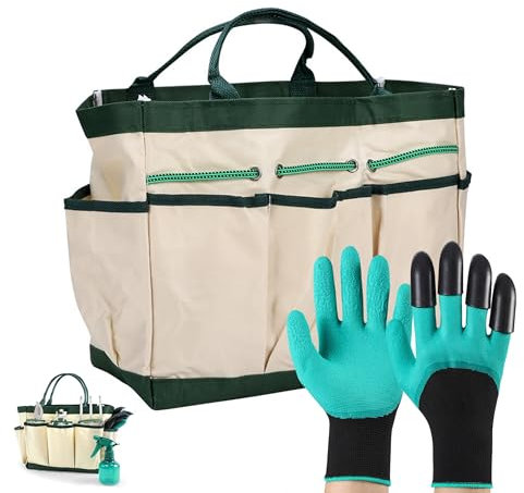 Gardening Tool Storage Bag, Gardening Tote Bag with 9 Pockets, Garden Tool Bag with Garden Claw Gloves Heavy-Duty Gardening Pouch for Indoor and Outdoor(Beige)
