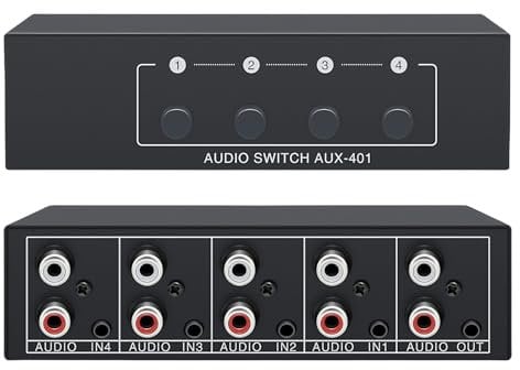Sporgo Commutateur audio RCA / 3,5 mm 4 en 1 : commutateur audio AUX RCA L/R 4 (1)-in-1(4)-out, commutateur audio de sélection analogique, audio passif, stéréo pour amplificateur de casque