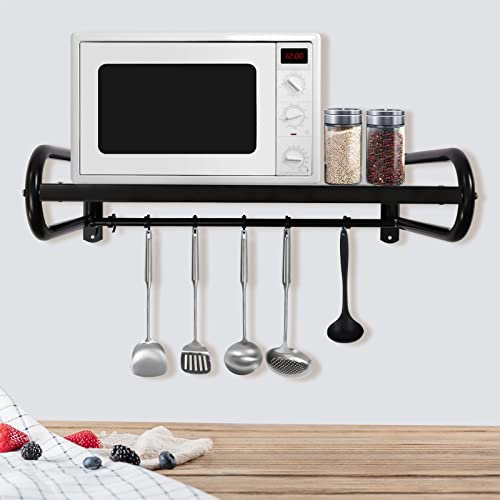 KigerNee 22 Inch Microwave Oven Shelf Multi- Functional Wall Shelf with Anti- Slip Guardrail- Holds 66lbs for Kitchenware/ Books/ Decor ( Black )