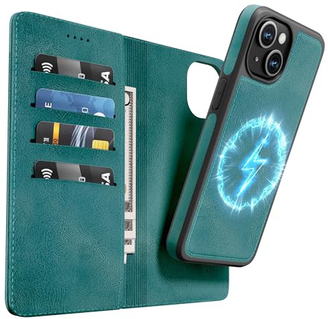 OASISBLUE iPhone 15 Plus Hülle,[2 in 1 Magnetisch Abnehmbar] Kabelloses Laden Kompatibel Stoßfest Schutzhülle Lederhülle Klapphülle Handyhülle für iPhone 15 Plus - blaugrün