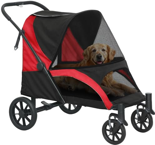 PawHut Hundewagen Hundebuggy klappbar für große Hunde & Katzen bis 30 kg Katzenbuggy mit Kissen Netzfenstern Türen Aufbewahrungstasche Katzenwagen mit Sicherheitsleinen, Bremsen, Buggy Schwarz