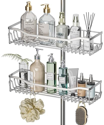 Hodzeed 2 Stück Duschablage Ohne Bohren,Edelstahl Badregal Duschregal Rostfrei,Große Größe und Kapazität Duschregal für 18mm-25mm Duschstange,Silber Duschablage für Shampoo und Körperlotion