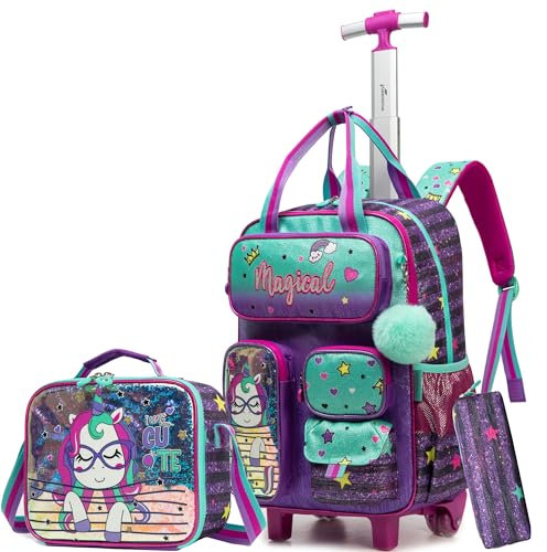HTgroce Schulranzen Trolley Mädchen Kinder Schulranzen Mit Rollen Trolley Schulranzen Rucksack Mit Rollen Schulrucksack Trolley Schultrolley Reisetasche mit Rollen