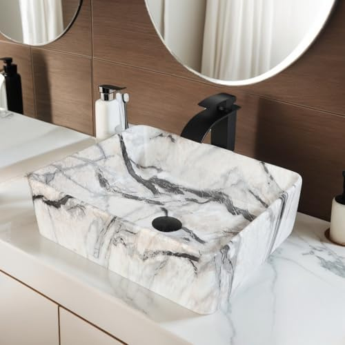 Lonuebu Bathroom Vessel Sink Modern Farmhouse White Rectangular Marble Vessel Sink - 19x15 Handmade Ceramic Countertop Porcelain Sink Thickened Edges & Natural Stone Veins