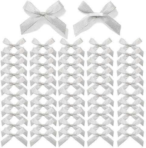 MORSUNBELA Schleifen Deko Kleine Silber Geschenkschleifen Selbstklebend Satin Schleife Geschenk für Valentinstag Hochzeit Weihnachten Dekoration Karte Herstellung 50 Stück