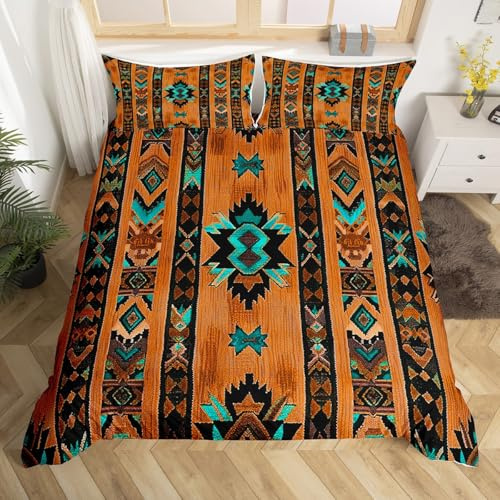 Loussiesd Braun Südwesten Bettwäsche Set 135x200cm Geometrisch Bettwäsche Dekor Tribal Exotic Style Native American Indian Design Bettbezug Streifen Linie Bettwäsche-Set