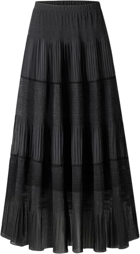 comefohome Maxirock für Damen, plissiert, lang, fließend, Chiffon, elastische Taille, gestuft, A-Linie, Sommerrock für Damen, Schwarz , XXL